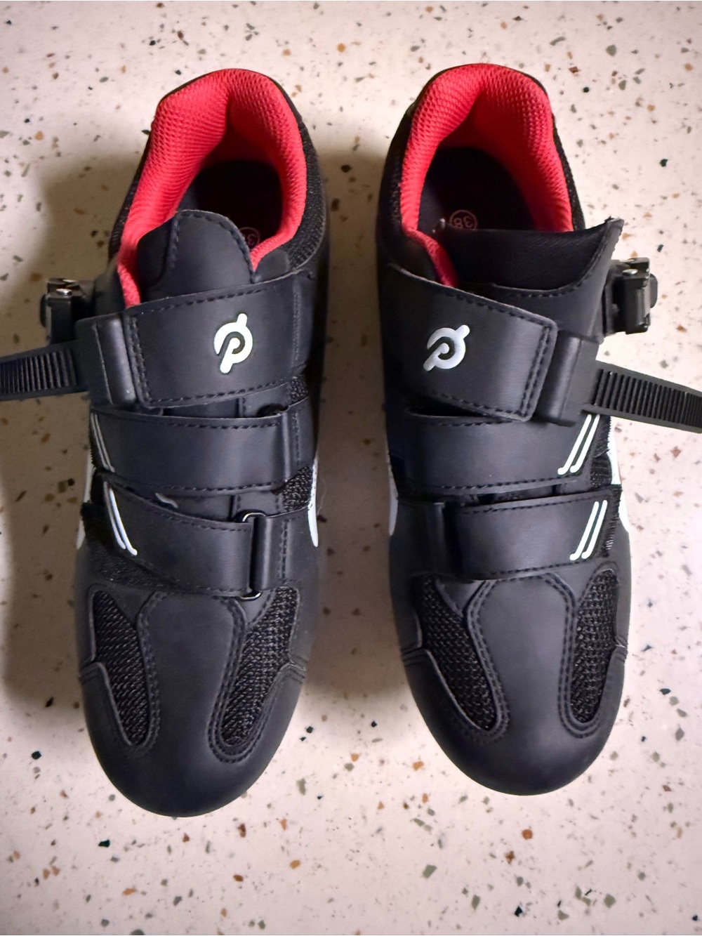 Peloton Black Cycling Shoes with Red Lining and White Accents